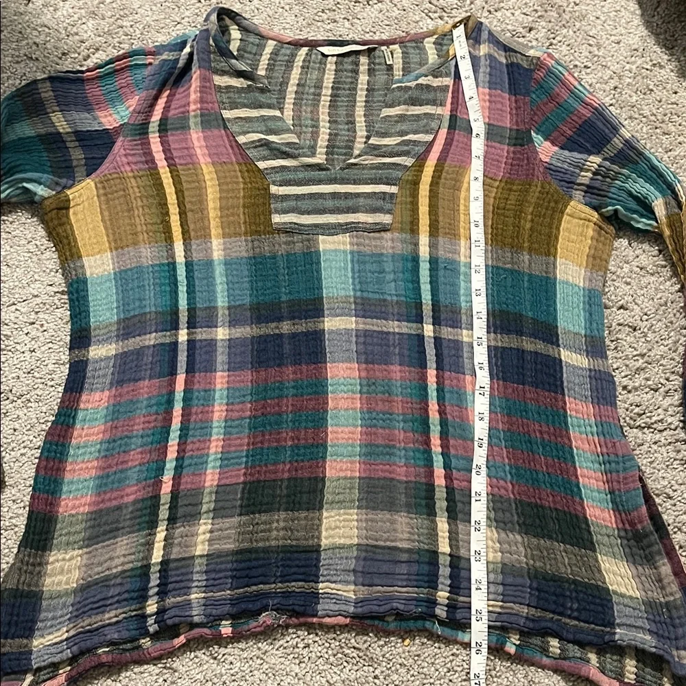 Soft Surroundings Multicolor Gauze Cotton Plaid V-Neck Top Boho Office Casual - Picture 11 of 13